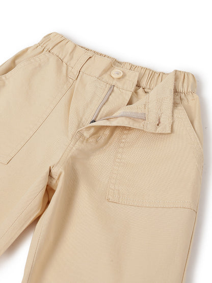 Boys Cream Cotton Twill Tapered Fit Solid Casual Trousers