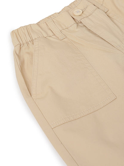 Boys Cream Cotton Twill Tapered Fit Solid Casual Trousers