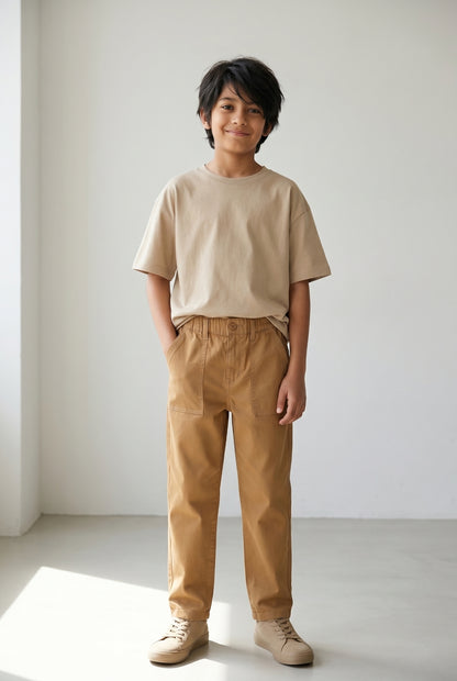 Boys Khaki Cotton Twill Tapered Fit Solid Casual Trousers