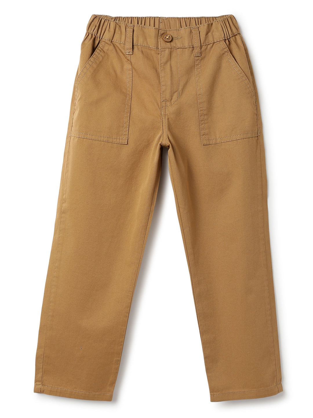 Boys Khaki Cotton Twill Tapered Fit Solid Casual Trousers
