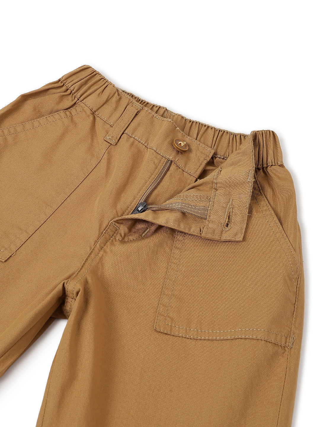 Boys Khaki Cotton Twill Tapered Fit Solid Casual Trousers