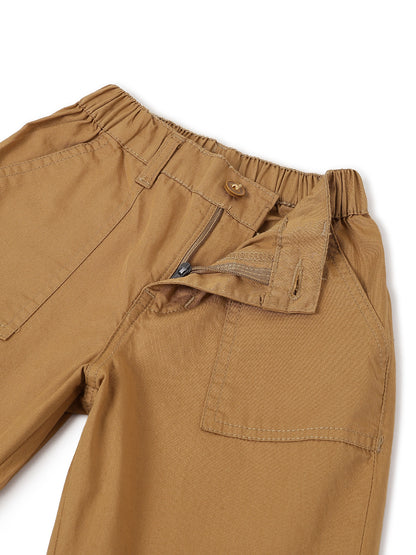 Boys Khaki Cotton Twill Tapered Fit Solid Casual Trousers