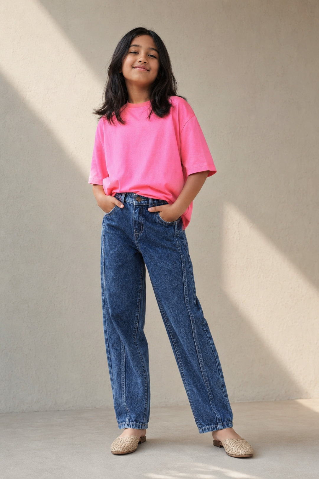 Girls Dark Blue Mom Fit Denim Light Faded Jeans