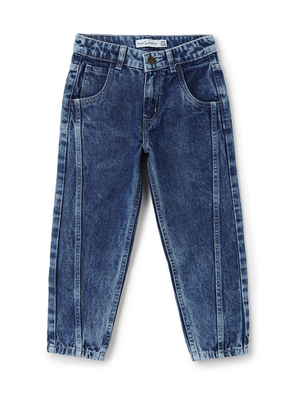 Girls Dark Blue Mom Fit Denim Light Faded Jeans