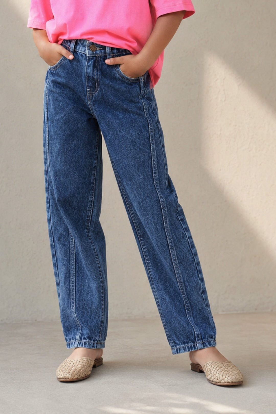 Girls Dark Blue Mom Fit Denim Light Faded Jeans