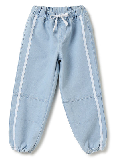 Boys Light Blue Solid Baggy Fit Denim Joggers