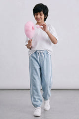 Boys Light Blue Solid Baggy Fit Denim Joggers