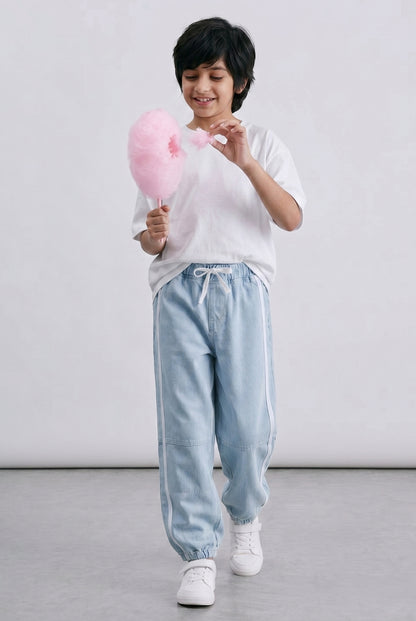 Boys Light Blue Solid Baggy Fit Denim Joggers