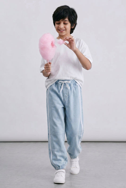 Boys Light Blue Solid Baggy Fit Denim Joggers