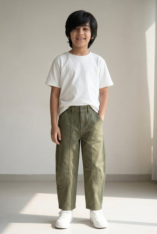 Boys Cotton Olive Barrel Fit Trousers