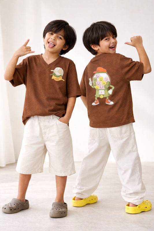 Boys Cotton Brown Printed Oversize T-Shirt