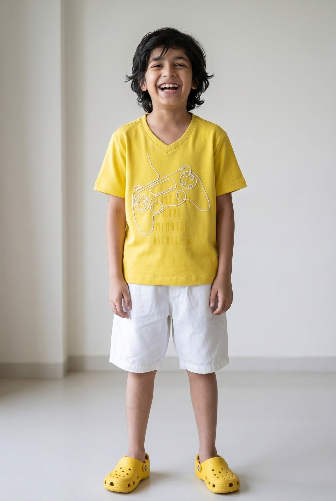 Boys Mustard Yellow Cotton V-Neck Oversized T-Shirt