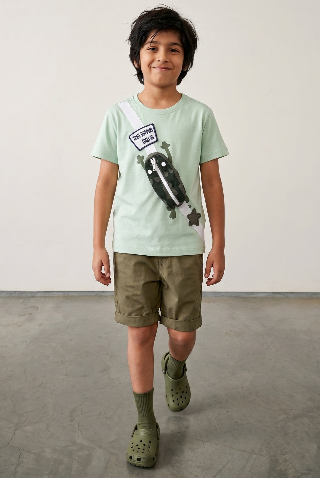 Boys Green Cotton Casual Half Sleeve Oversized Printed T-Shirt