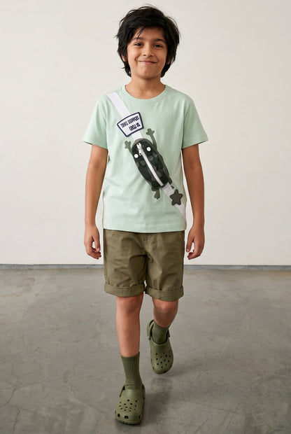 Boys Green Cotton Casual Half Sleeve Oversized Printed T-Shirt