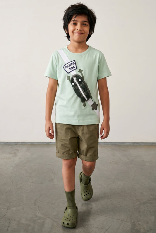 Boys Green Cotton Casual Half Sleeve Oversized Printed T-Shirt