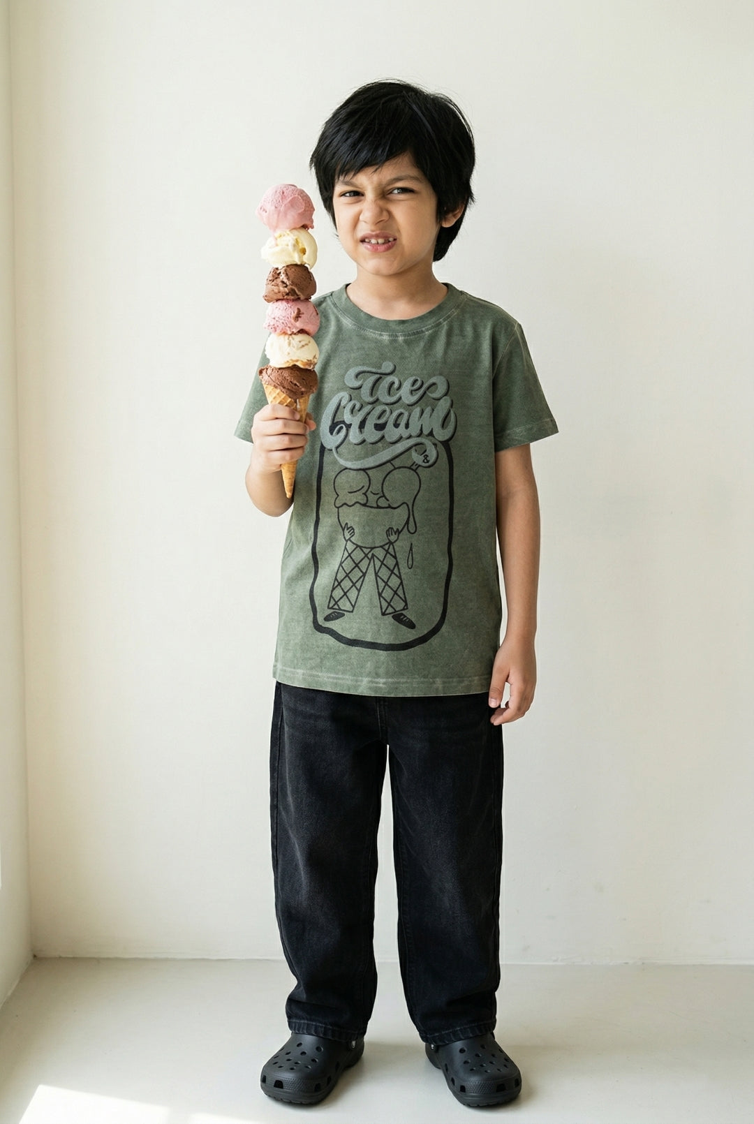 Boys Cotton Olive Printed Oversize T-Shirt