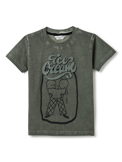 Boys Cotton Olive Printed Oversize T-Shirt