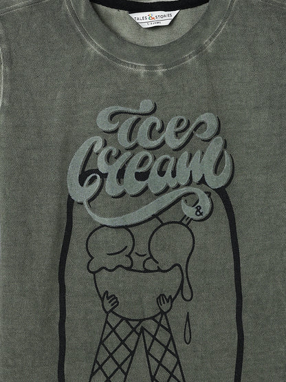 Boys Cotton Olive Printed Oversize T-Shirt