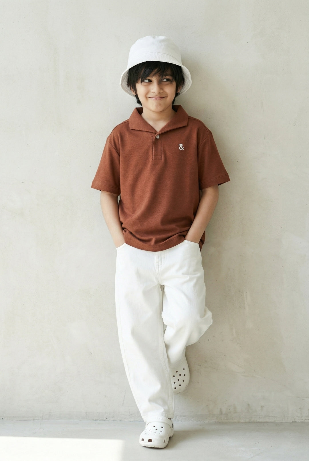 Boys Brown Solid Loose Fit Polo T-Shirt