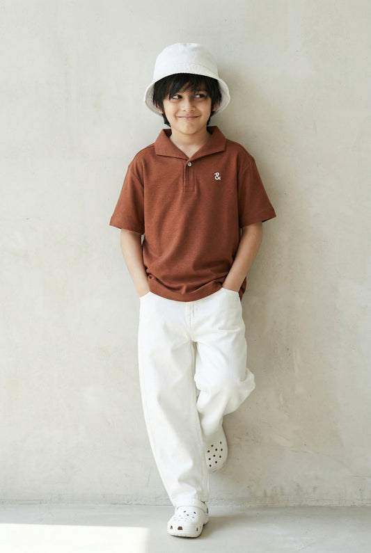 Boys Brown Solid Loose Fit Polo T-Shirt