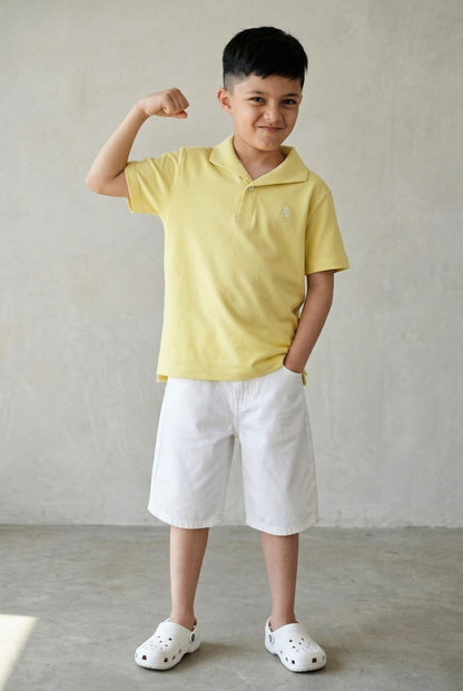 Boys Light Yellow Solid Loose Fit Polo T-Shirt