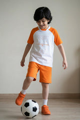 Boys Cotton White Orange Printed Casual Loose Fit T-Shirt