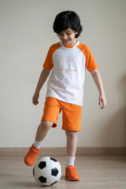 Boys Cotton White Orange Printed Casual Loose Fit T-Shirt