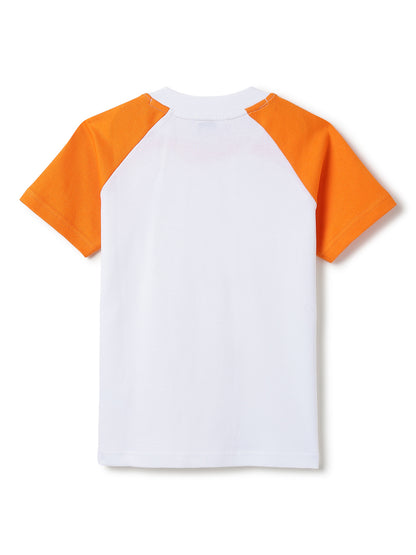 Boys Cotton White Orange Printed Casual Loose Fit T-Shirt