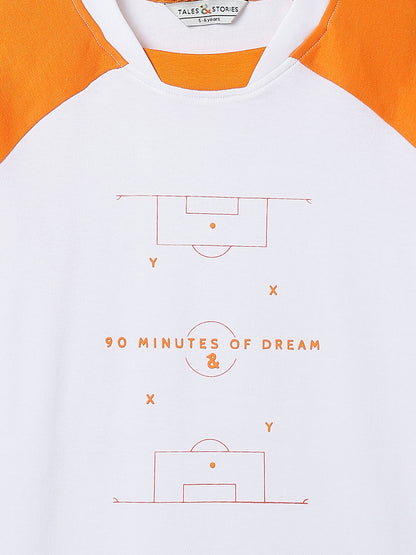 Boys Cotton White Orange Printed Casual Loose Fit T-Shirt