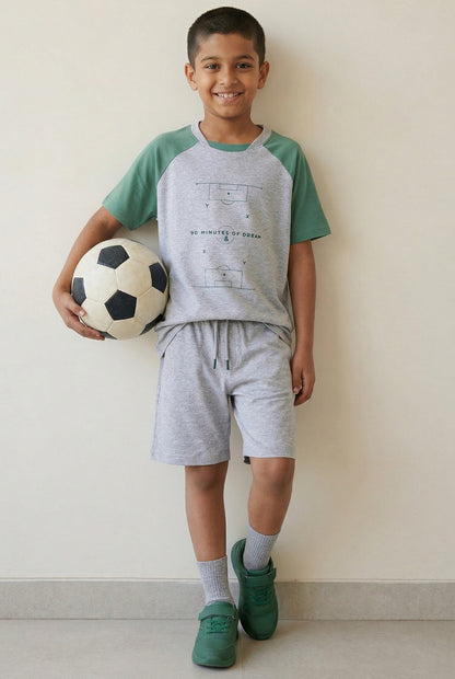 Boys Cotton Grey & Green Printed Casual Loose Fit T-Shirt