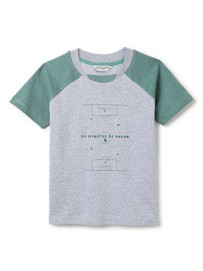 Boys Cotton Grey & Green Printed Casual Loose Fit T-Shirt