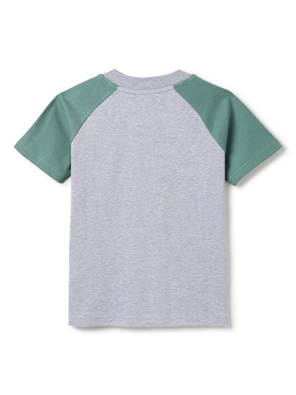 Boys Cotton Grey & Green Printed Casual Loose Fit T-Shirt