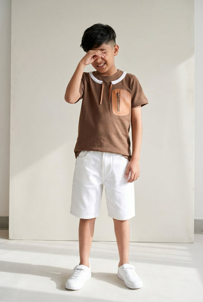 Boys Brown Cotton Half Sleeve Loose Fit Casual T-Shirt