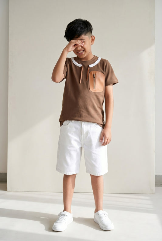 Boys Brown Cotton Half Sleeve Loose Fit Casual T-Shirt