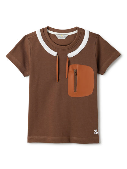 Boys Brown Cotton Half Sleeve Loose Fit Casual T-Shirt