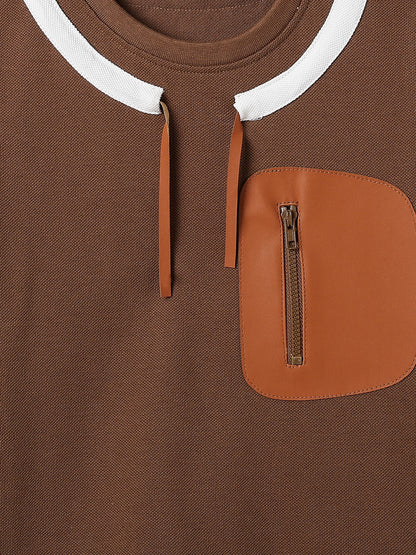 Boys Brown Cotton Half Sleeve Loose Fit Casual T-Shirt