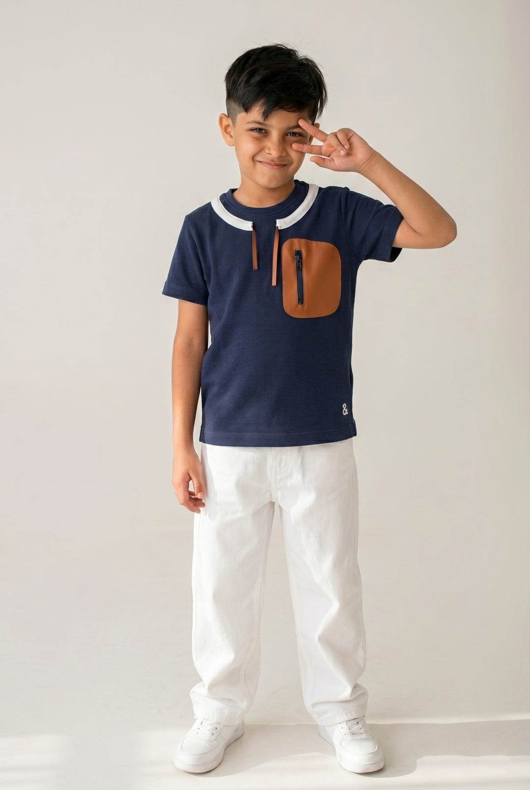 Boys Navy Blue Cotton Half Sleeve Loose Fit Casual T-Shirt