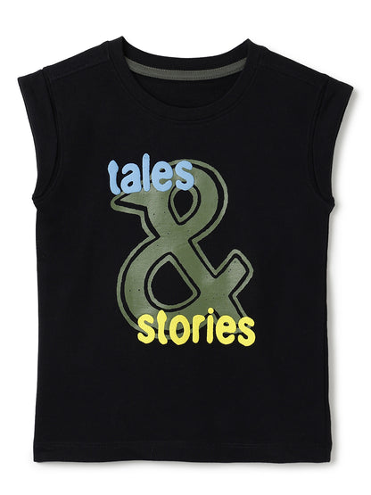 Boys Cotton Black Printed Boxy Fit T-Shirt