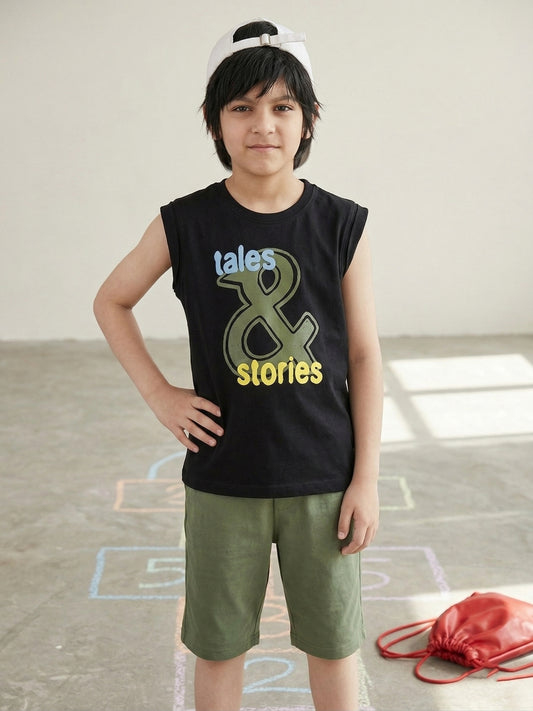 Boys Cotton Black Printed Boxy Fit T-Shirt