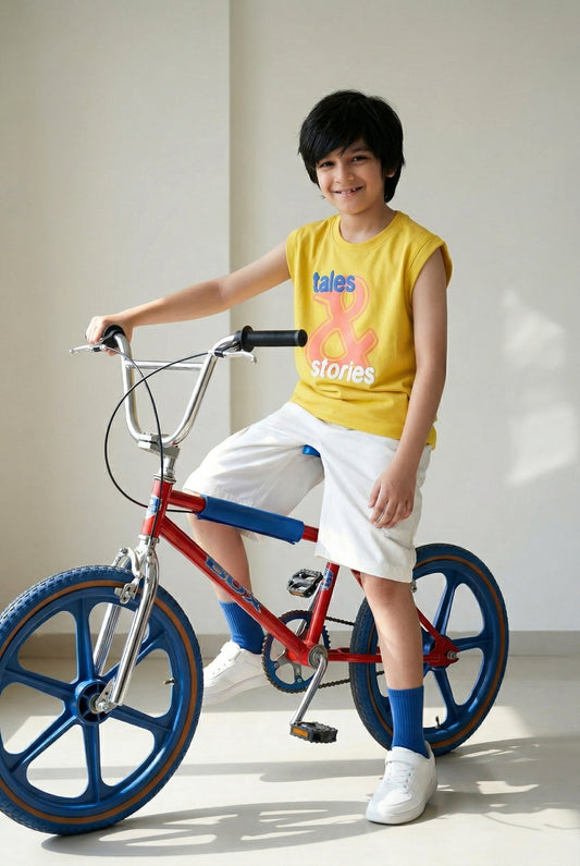 Boys Cotton Yellow Printed Boxy Fit  T-Shirt