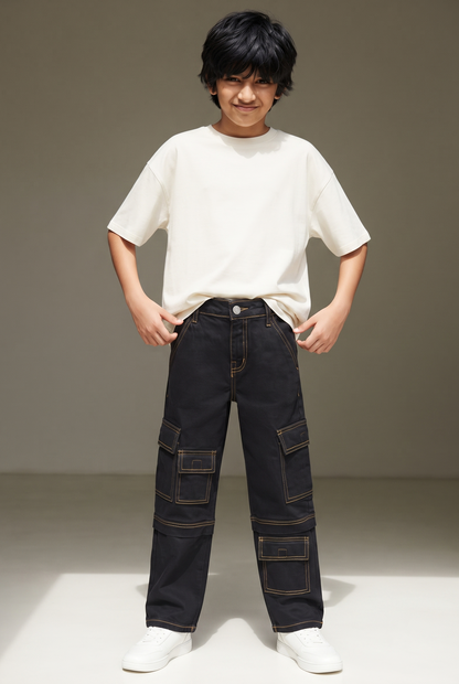 Boys Black Stretchable Dad Fit  Denim Cargo Jeans
