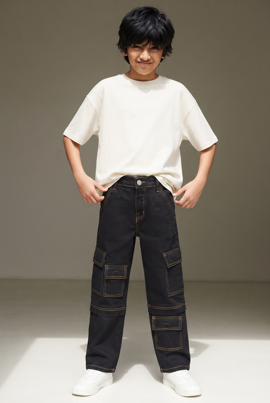 Boys Black Stretchable Dad Fit  Denim Cargo Jeans