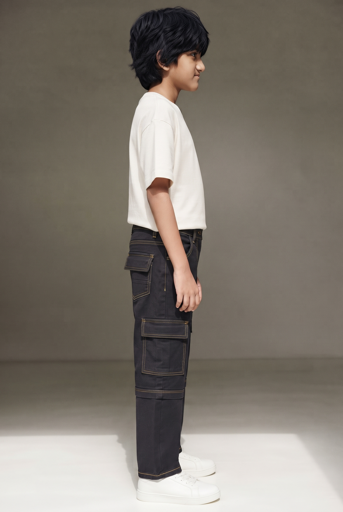 Boys Black Stretchable Dad Fit  Denim Cargo Jeans
