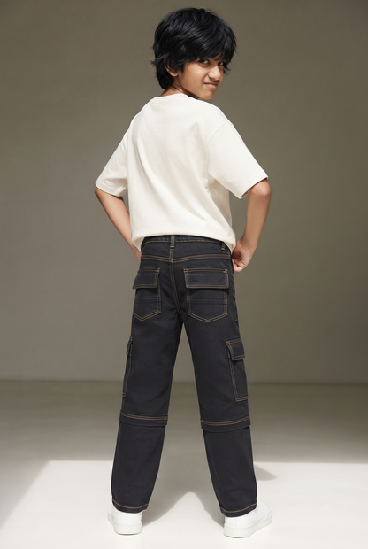 Boys Black Stretchable Dad Fit  Denim Cargo Jeans