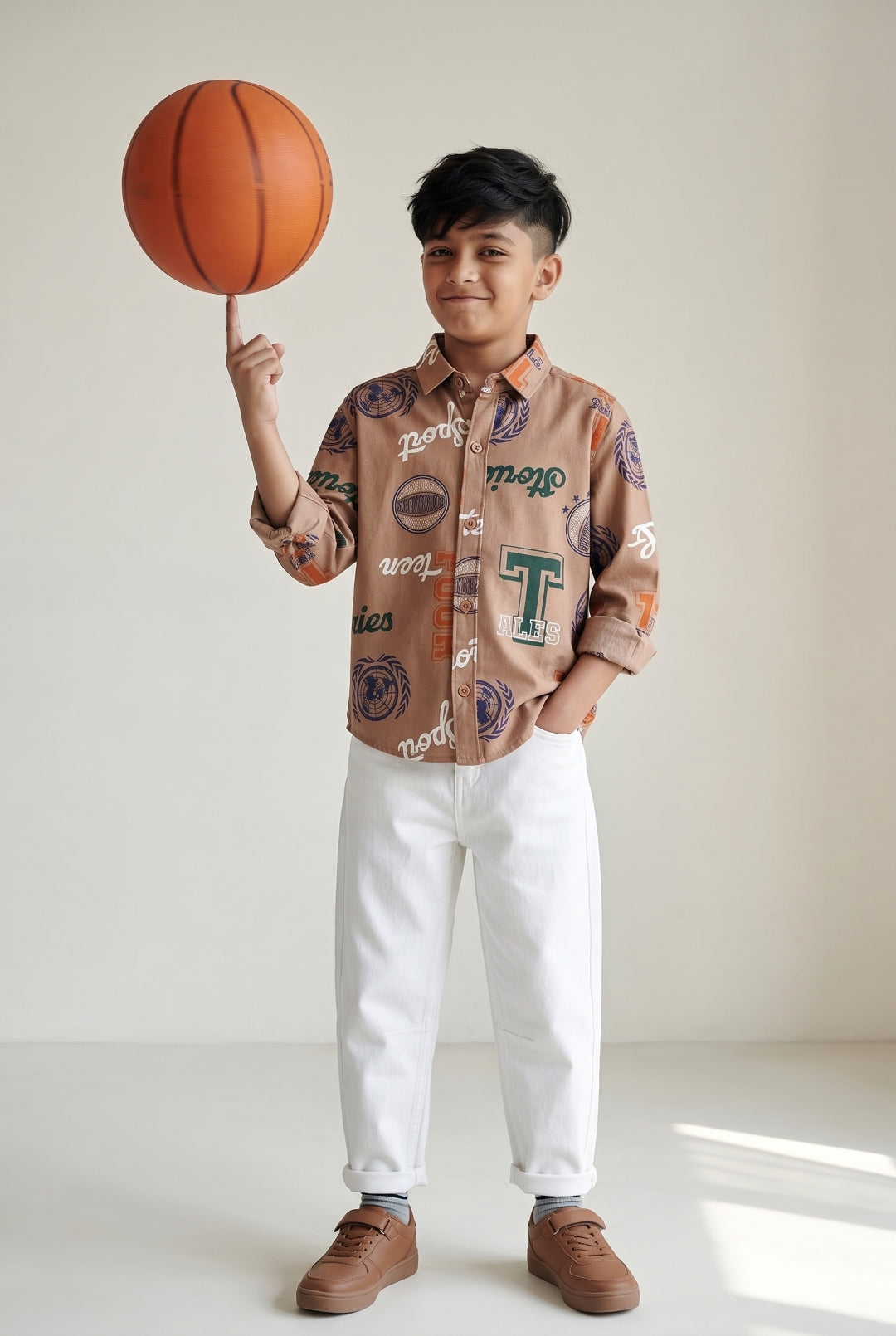 Boys  Cotton Brown Printed Shirt  With White Jeans Clothing Set