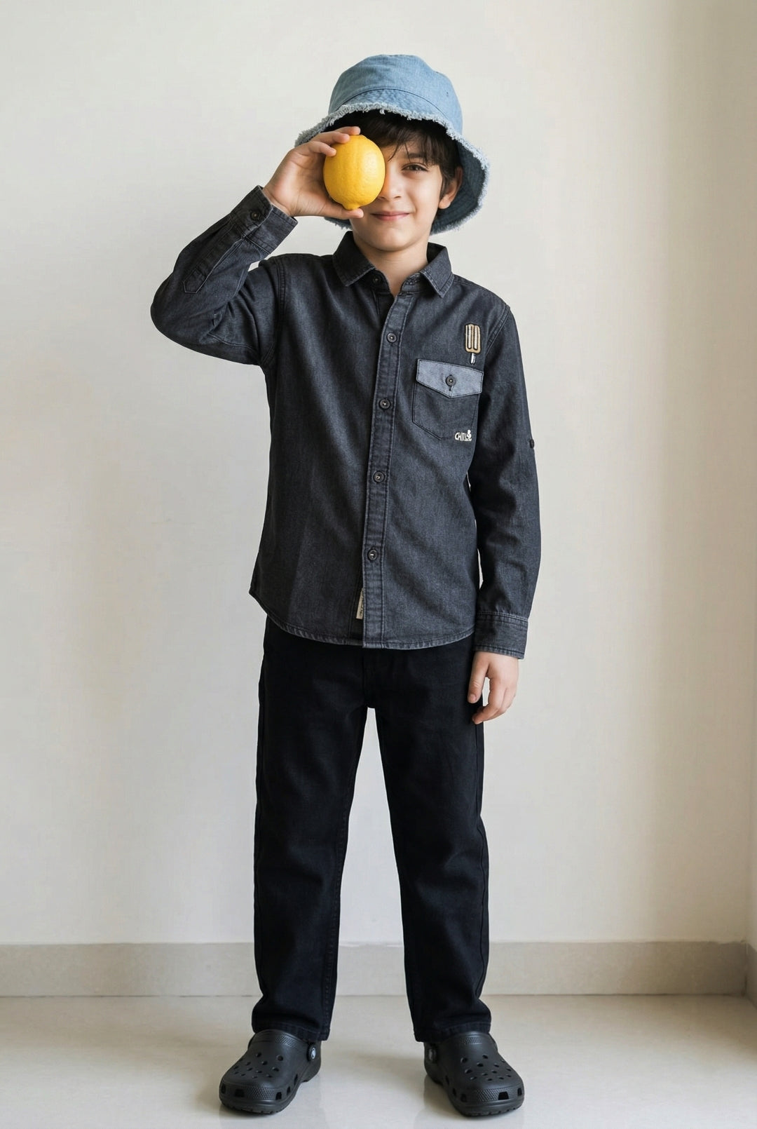 Boys Black Solid Denim Shirt