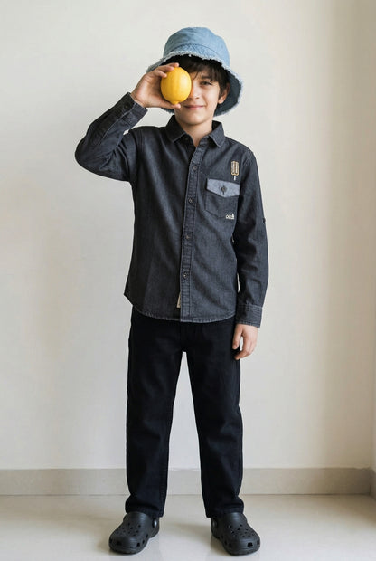 Boys Black Solid Denim Shirt