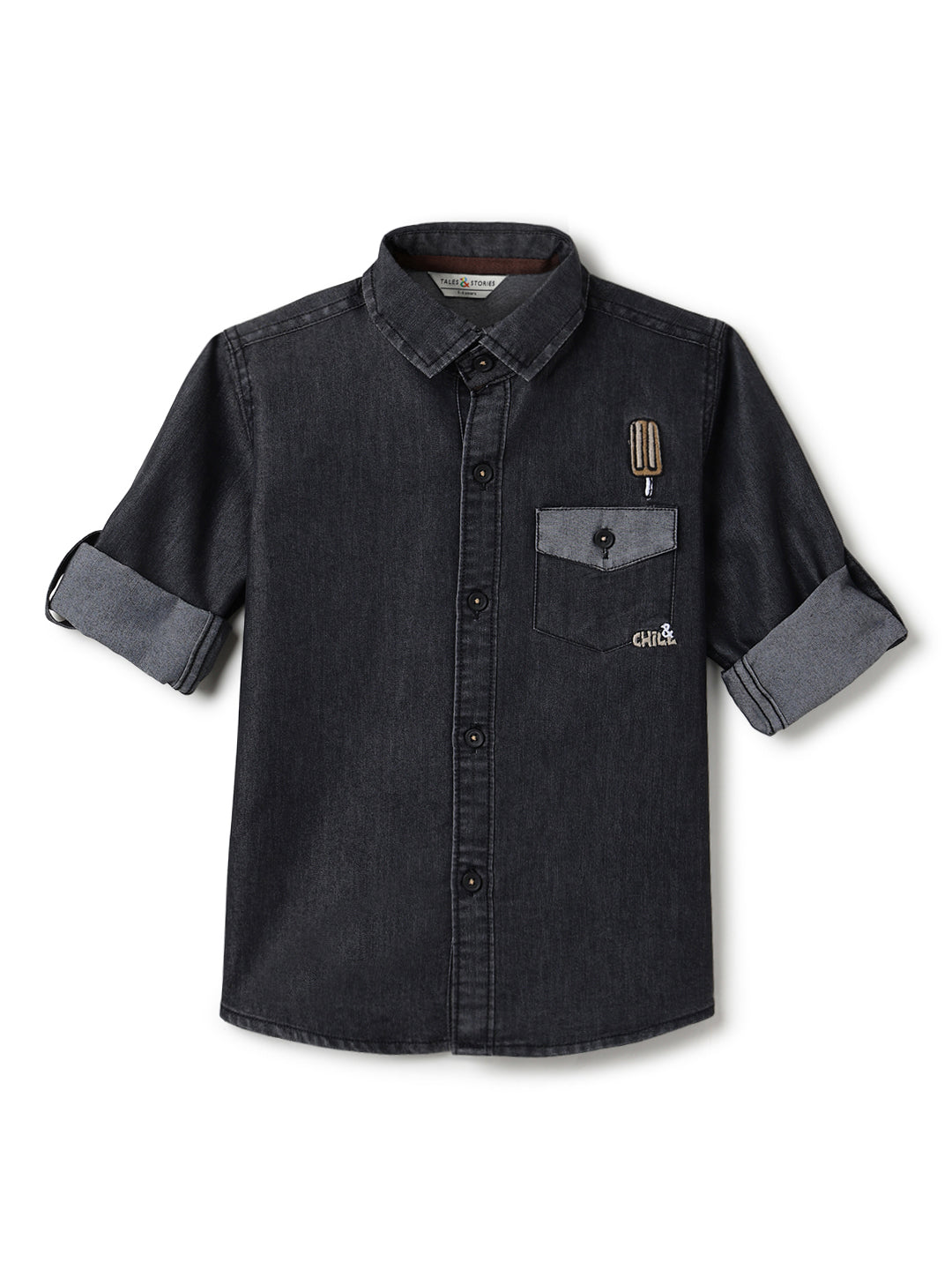 Boys Black Solid Denim Shirt