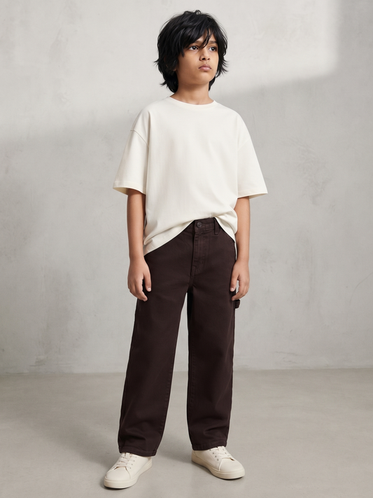 Boys Cotton Twill Brown Carpenter Fit Solid Trouser