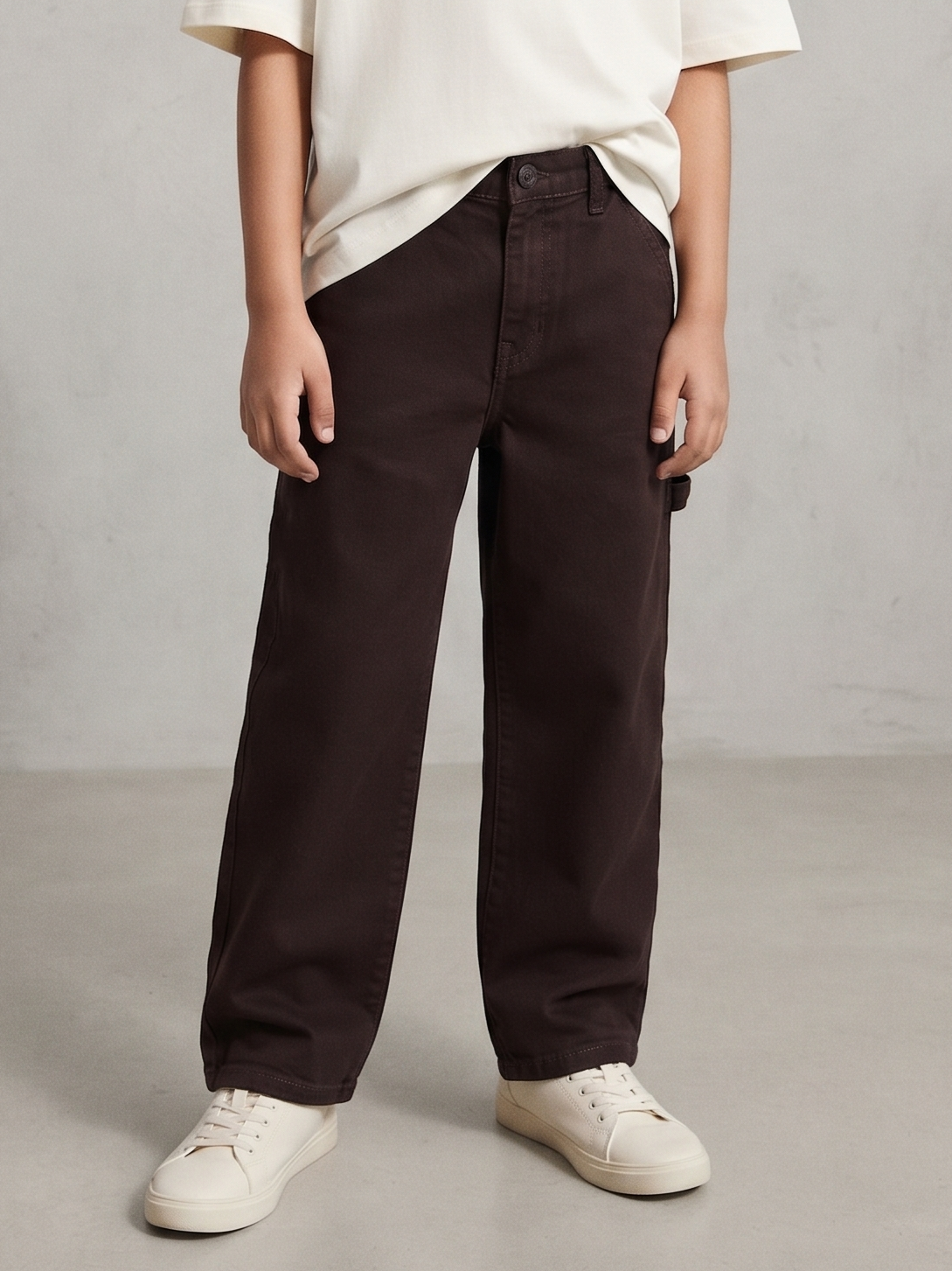 Boys Cotton Twill Brown Carpenter Fit Solid Trouser